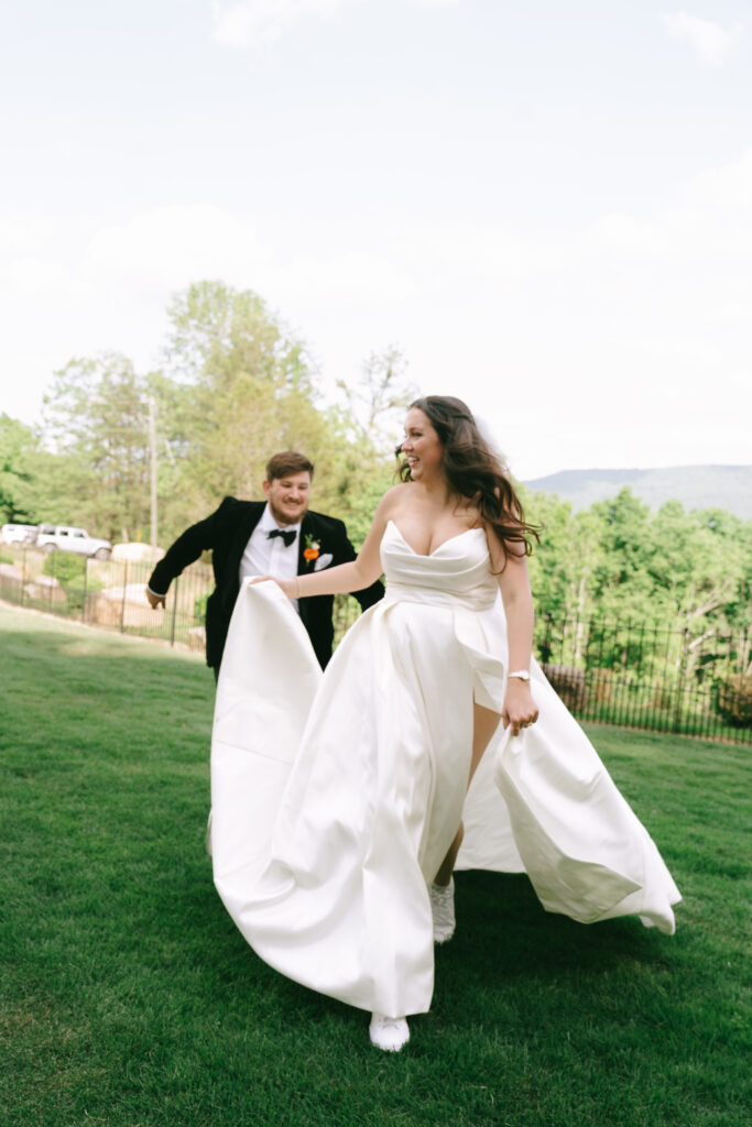 Bride and groom playing tag.